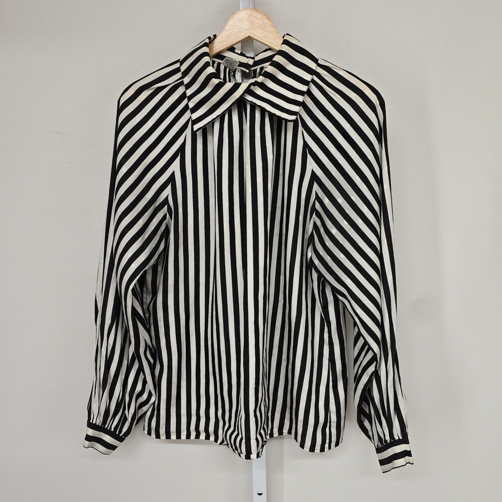 Oscar de la Renta Sport Vintage Striped Blouse Black White Size 10 Raglan Sleeve